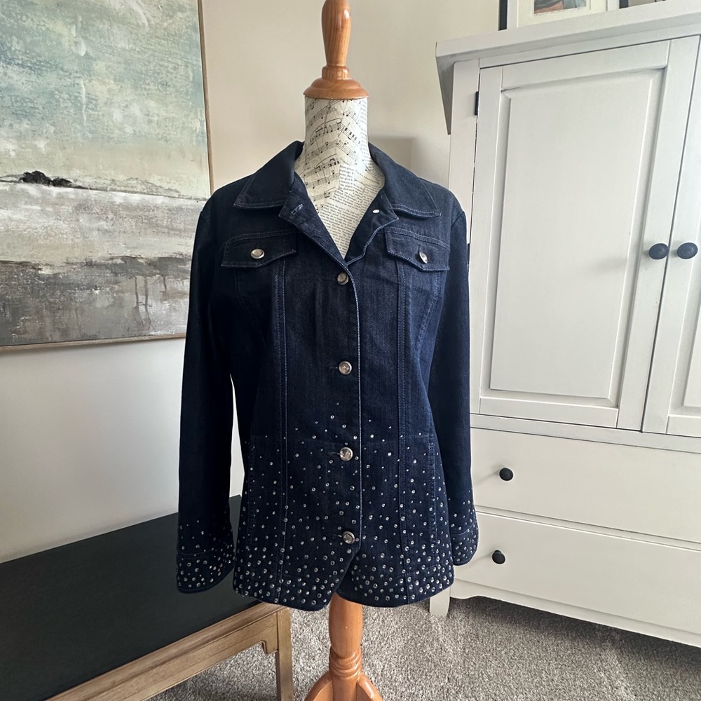 Chicos Platinum Rhinestone Studded Jean Jacket
